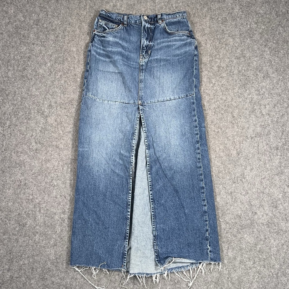 Reformation Jeans Skirt Womens Blue Tazz Maxi Denim Front Split Fray Hem Size 26